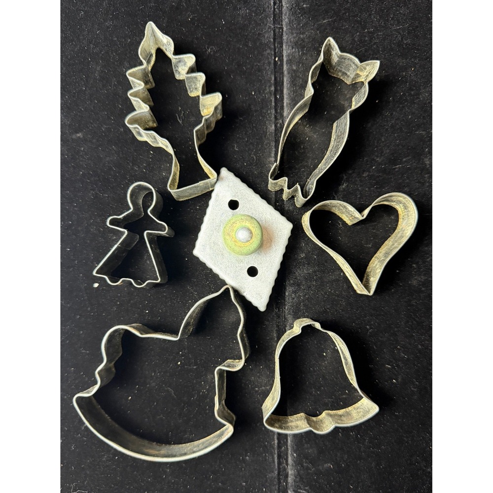 Vintage Tin Cookie Cutter Set Rocking Horse Angel Heart Tree Wood Handle Diamond